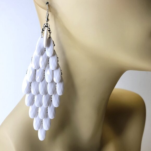 White Glass Bead Long Earrings Chandelier Teardrop Diamond Shape Drop Earrings - Picture 1 of 6
